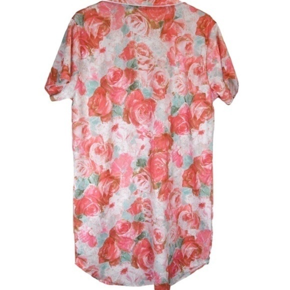 Vintage Rose Pattern Silky Button Down Night Sleep Shirt, Medium - Picture 7 of 8